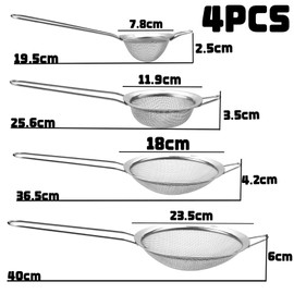 Kitchen Sieve Set Kitchen Sieve Stainless Steel 4 Pieces 7/12/18/24 cm Fine Mesh High Quality Strainer Sieves Fine Household Strainer with Reinforced Handle for Cooking, Quinoa, Flour, Rice, Powdered