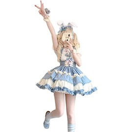 HIMI HIMIFASHION Cute Short Skirt for Teens Lolita Cute Tiered Ruffle Skirt with Belt Elastic Waist A-line Suspender Skirt, blue/white