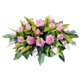 Cemetery Saddle Memorial Decoration - Realistic Silk Faux Floral Artificial Grave Flowers - Cream Pink Roses and Calla Lilies for Headstone Decorating
