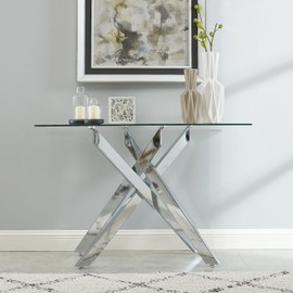 Modern Style Console Table Narrow Sofa Table with Tempered Glass Top and Metal Tubular Legs, 45" Lx18 Wx30 H, Silver