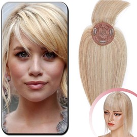 Elailite Real Human Hair Toppers with Bangs Fringe for Thinning Hair Women - Clip in Crown Hair Extension Invisible Hairpiece (#18/613 Ash Blonde Mix Bleach Blonde, 10 inch)