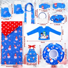 11 Pcs Christmas Elf Accessories Include Blue Elf Doll Sleeping Bag Apron Chef Hat Ear Muffs Scarf Hoodie Eye Mask Socks Mask with Inflatable Snow Tube Snowmen Elf Clothes(Snowman Style)