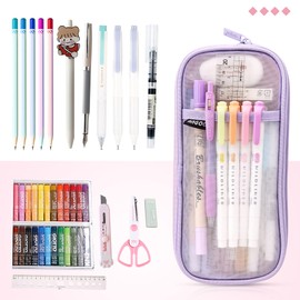 MAMUNU Transparent Mesh Pencil Case, Large Capacity Transparent Pencil Case with Zip, Pencil Case, School Supplies, Girls, Women, for School and Office, Purple