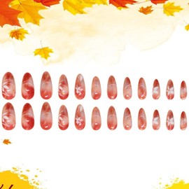 TBRZTR Thanksgiving Press on Nails Medium Length Almond Shaped Fall Maple Leaves False Nails with Lines Design Red Smudge French Coffin Nails Full Cover Acrylic Nails Reusable Glue on Nails for Women