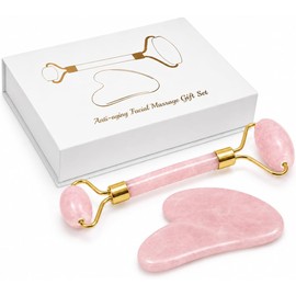Rodillo Facial de Cuarzo Rosa y Gua Sha, Set de Piedra Natural para Masaje Facial, Rutina Skincare, Rostro y Cuello, con Caja de Regalo