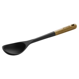 STAUB Serving Spoon, Great for Scooping Sides and Serving Hearty Stews, Durable BPA-Free Matte Black Silicone, Acacia Wood Handles, Safe for Nonstick Cooking Surfaces