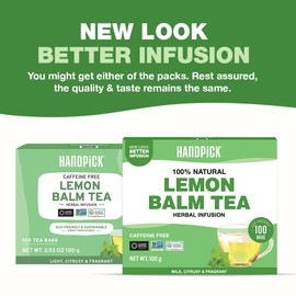 HANDPICK Lemon Balm Tea Bags – 100 Count | 100% Pure & Naturally Dried | Caffeine-Free Herbal Tea with Citrus Flavor & Aroma | Premium Lemon Balm Leaf