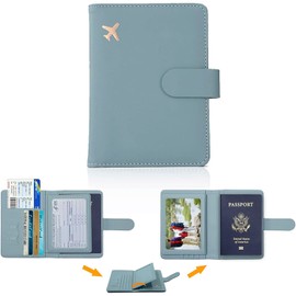 Porta de Pasaporte de Cuero PU, Funda para Pasaporte con Bloqueo RFID, Billetera de pasaporte, Titular de Pasaporte de Billetera de Viajes con Soporte para la Pluma para Mujeres/Hombres (AzulMarino)