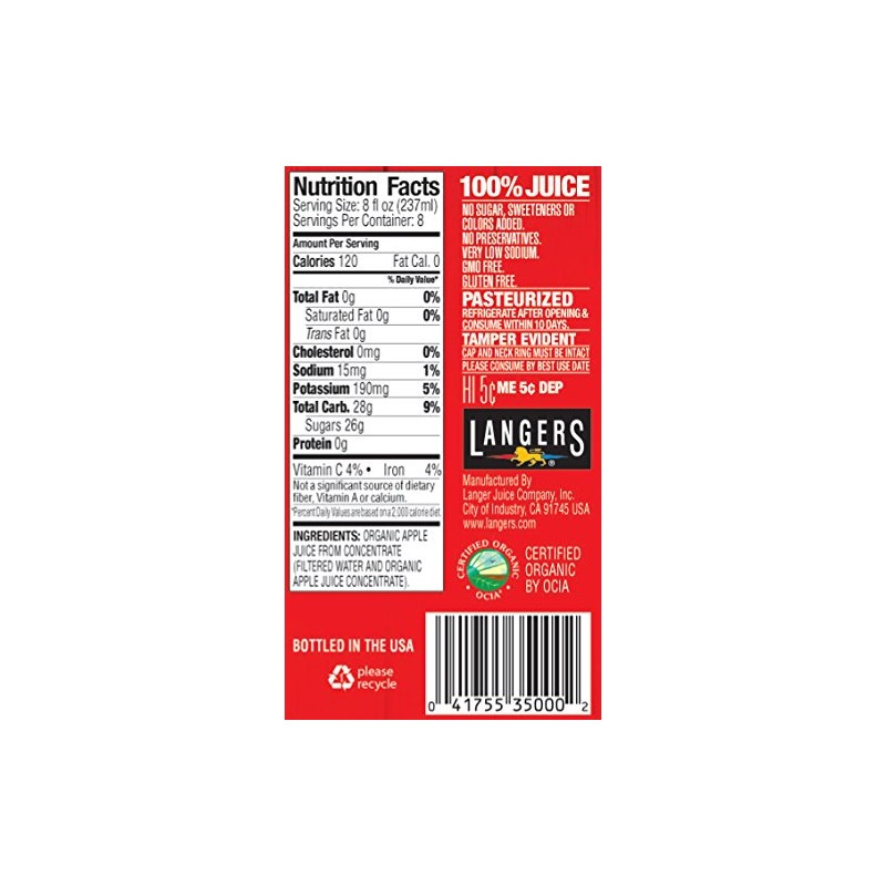 Langers 100% Organic Juice, Apple, 64 Fl Oz (Pack of