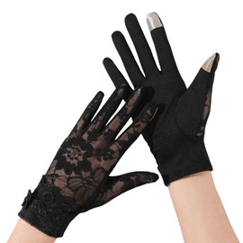 Tidyworm Women's Lace Gloves, UV Protection, Thin, Cool Feel, Summer Gloves, Anti-UV, Anti-Slip, Smartphone Compatible, Sunscreen, Weddings, Driving, Bicycle, D Black