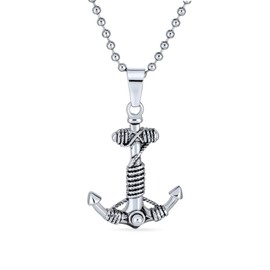 Bling Jewelry Nautical Large Rope Ship Boat Anchor Pendant Necklace for Men Black Oxidized Stainless Steel with Chain