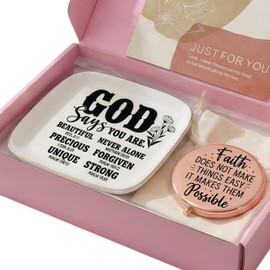 eloi Inspirational Faith Gift Box Set - God Says You Are Ceramic Trinket Tray and Rose Gold Compact Mirror, Scripture Gifts for Christian Women, Spiritual Birthday Gift for Sister Mom Daughter Friend