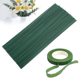 Pack of 100 Green Flower Wires, 30 cm, Green Plug-In Wire, Flower Trunk Wire, Green, Plastic-Coated Plug-In Wire Including 1 Roll Florist Ribbon for DIY Flower Arrangements, Artificial Flowers