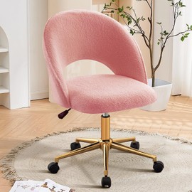 Furniliving Vanity Desk Chair, Cute Office Chair with Back for Girls, Rolling Upholstered Armless Chair with Gold Metal for Living Room/Makeup Room/Bedroom, Pink-Sherpa