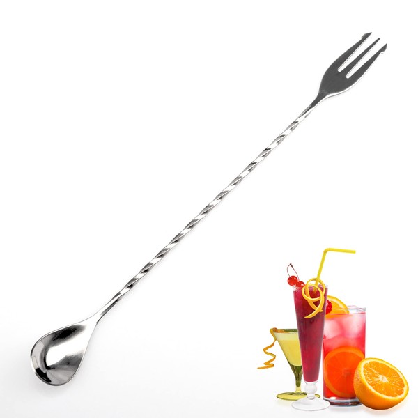 YUNAI Stainless Steel Bar Mixing Spoon with Fork, Twisted Long Handle Cocktail Spoon Fork Bar Drink Mixer Stirrer for Bartender Home Bar Restaurant Use, Silver, 12''/30cm, 2 in 1