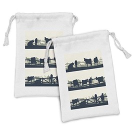 Ambesonne Fence Fabric Pouch Set of 2, Agriculture Theme Grazing Farm Animals Cows Bulls Silhouette Rural, Small Drawstring Bag for Toiletries Masks and Favors, 9" x 6", Petrol Blue Off White