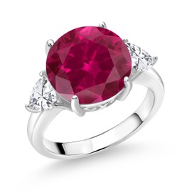 Gem Stone King 8.54 Cttw Red Created Ruby 3-Stone Ring For Women | 925 Sterling Silver | Round 12MM and Trillion 5MM | Available In Size 5, 6, 7, 8, 9