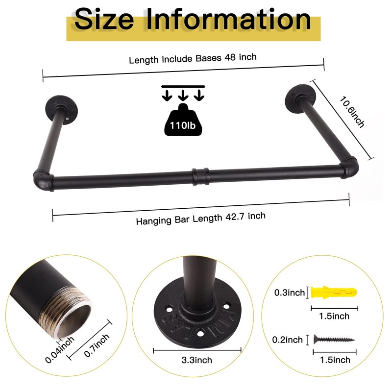 Fobule 48” Wall Mounted Clothes Rack, Industrial Pipe Black Iron