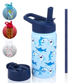 FAHRMOSIS 14 oz Kids Water Bottle | Insulated Water Bottle with Straw & 2 Lids | Reusable Double Insulated Water Bottle - Leakproof Kids Water Bottle for School & Outdoor Activities - Blue (Shark)