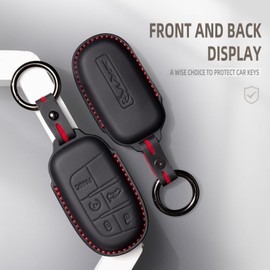 Genuine Leather Smart Key Fob Case Cover Protector Compatible with for Jeep for Grand Cherokee Renegade Chrysler 200 300 Dodge RAM Durango Charger Challenger Hornet Journey Dart Fiat (5-Button, Black)