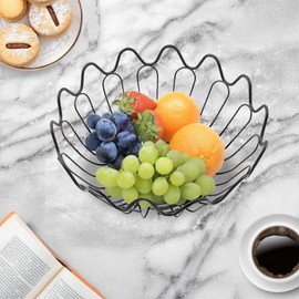 Farmhouse Fruit Basket, Rustic Fruit Vegetable Bowl for Kitchen Counter, Strong Iron and Wood Construction, Black Wavy Design, Great for Various Home Styles