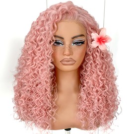MITIMES 13x6 Pink Curly wig Wear And Go Glueless Wig Pre-Plucked Afro HD Lace Front Wig Synthetic Layered Kinky Curly For Fashion Women