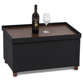 Dorriss Ottoman Storage Bench with Tray - Bedroom Foot Stool & Coffee Table Lid - Black Leather, 30" Inch