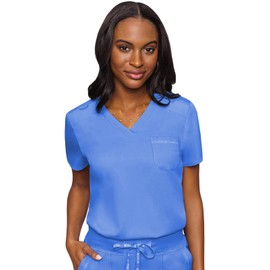Med Couture Women's V-Neck Scrub Top, Modern Fit Tuck-in Top with Stretchy Rib-Knit Shoulders and Chest Pocket - MC7448, Ciel, Large