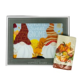 Fall Home Decor Glass Kitchen Cutting Board: Autumn Gnome Sweet Gnome Enjoying the Seasons