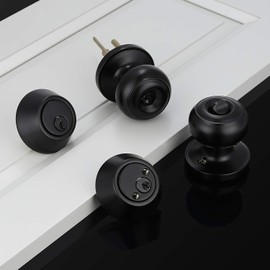Brotima 3 Pack Keyed Alike Entry Door Knobs and Double Cylinder Deadbolt Lock Combo Set, Matte Black Finished Door Lock Set, Round Style Door Knobs Deadbolt