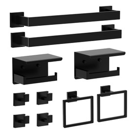 Matte Black Bathroom Hardware Set, Square Towel Bar Set with 2x16 Towel Bars, 2 Towel Rings, 2 TP Holders, 4 Robe Hooks - 304 Stainless Steel Modern Bath Organizer