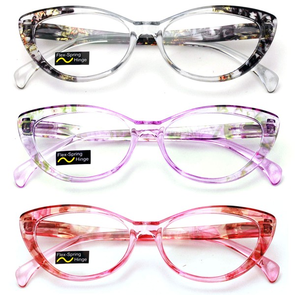 3 pares de gafas de lectura para mujer, translúcidas con patrón floral transparente, 3 colores surtidos (negro/morado/rojo), Adulto
