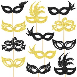 umoni Masquerade Mask Centerpiece Sticks 12Pcs Glitter Black and Gold Mask Table Toppers Venetian Mask Decorations Costume Party Decor for Mardi Gras Birthday Bachelorette Party Supplies