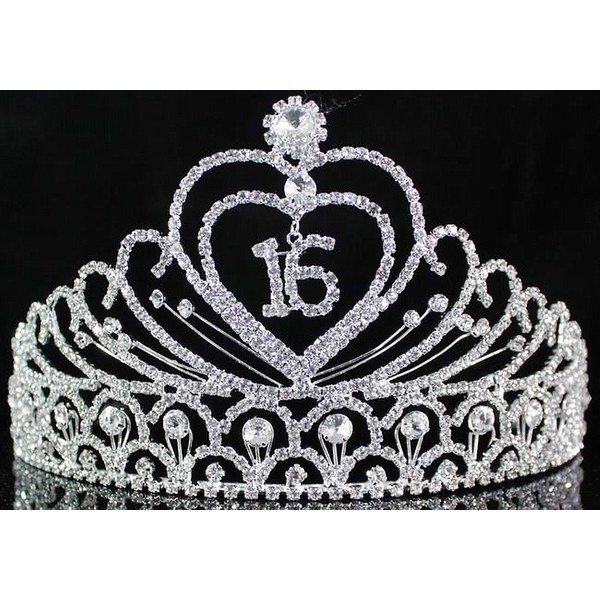 Janefashions Sweet Sixteen 16 Years Old 16th Birthday Party Clear White Austrian Rhinestone Crystal Metal Tiara Crown With Hair Combs Princess Silver T1629