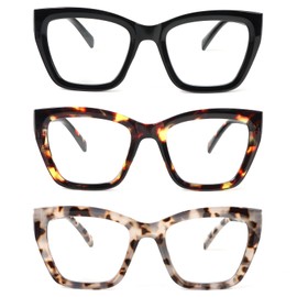 MMOWW 3 Pack Cateye Reading Glasses with Spring Hinges for Women Stylish Blue Light Blocking Computer Readers, Black/Tortoise/Grey Tortoise +2.0