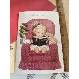 Vtg Christmas Card UNUSED Morehead Ruthies Joy Girl Cat Chair Tree W/Envelope