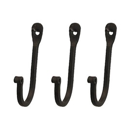 Early American Single Prong Wrought Iron Hooks, Set of 3 - Rustic Curved Metal Fasteners - Decorative Colonial Wall Décor