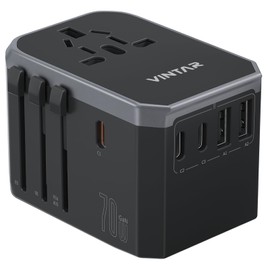 Universal Travel Adapter, VINTAR 70W GaN International Power Adapter with 5 USB Ports (3 USB-C), Worldwide Travel Plug Adaptor, All in One Travel Essentials Outlet Converter for UK/EU/USA/AUS, Black