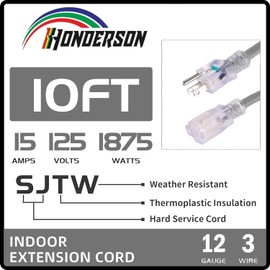 HONDERSON Indoor Outdoor Extension Cord Weatherproof with Lighted End, UL Certified, 12 Gauge 10FT Grey 3 Prong Heavy Duty, 12/3 SJTW 15A Power Cord for Outdoor Lights, Lawn