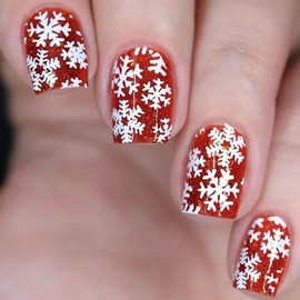 Snowflake Press on Nails Short Square Fake Nails Christmas False Nails Red Glitter Glue on Nails Shiny Winter Xmas Stick on Nails Glossy Reusable for Women Girls Holiday Manicure 24pcs