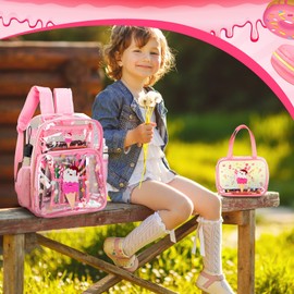 Kacctyen 3 Pcs Pink Clear Backpack Heavy Duty for Girl Boy Kid School Clear Bookbag Transparent Backpack with Lunch Bag(Pink,Ice Cream)