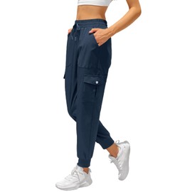Women's Joggers with Pockets Drawstring, Lightweight Quick Dry Cargo Athletic Pants for Hiking Jogging Navy