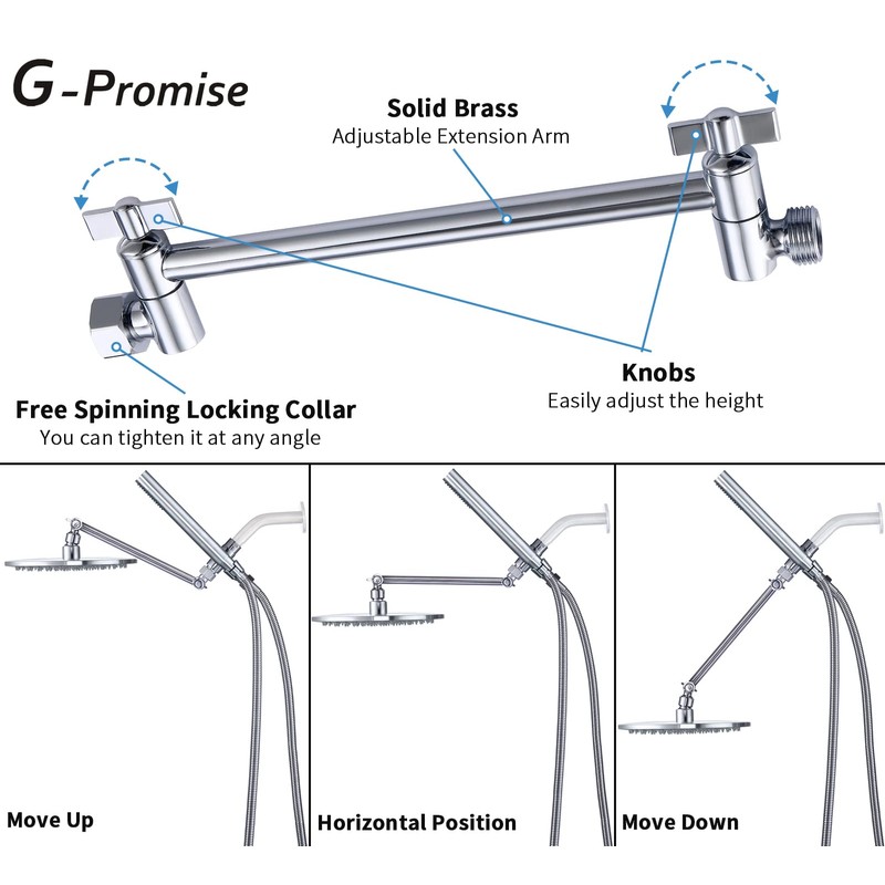 G-Promise All Metal Dual Shower Head Combo, 8 Inch Rainfall
