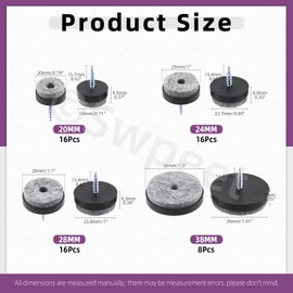 Swpeet 56Pcs Black Furniture Felt Pads Assortment Kit, Non Slip Furniture Pads with Screw-on Felt Pad Furniture Slider Floor Protector for Wooden Leg Feet of Chair Table Sofa - 20mm, 24mm, 28mm, 38mm
