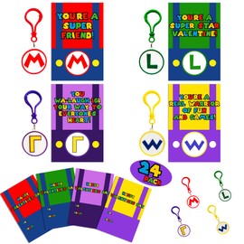 MoimTech Valentines Day Gifts Cards for Kids, 24 Super Valentines Cards for Kids with 24 Gamer Keychains, Valentines Day Gifts for School Classroom Boys Girls Exchange