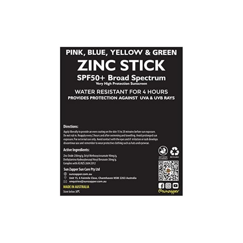 Sun Zapper SPF 50+ Zinc Stick Fotoprotector Mineral en Barra.