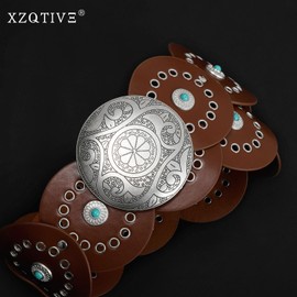 XZQTIVE Western PU Leather Belts for Woman Concho Cowgirl Cowboy Disc Belt for Ladies Wide Boho Country Waist Belts for Dress, Silver buckle, Brown, 125cm