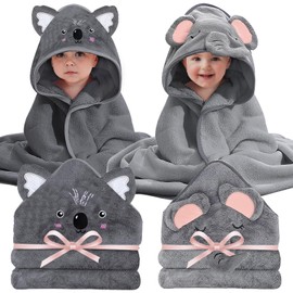 Boyigog Baby Bath Towel Set, 2 Pieces Baby Towel with Hood 80 x 80 cm for Newborns, Soft Super Absorbent Towel with Hood for Unisex (Black/Grey)