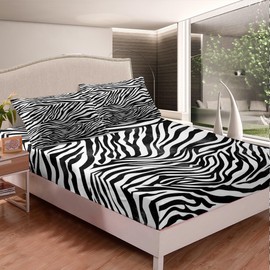 Feelyou Zebra Bed Sheet Set Twin Size Animal Print Fitted Sheet for Kids Boys Girls Decor Black White Bedding Set Microfiber Abstract Art Bed Cover Bedroom Stripes Bed Set
