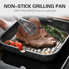 Kordisen Nonstick Grilling Pan with Lid for Stove Tops, 9.5 Inch Square Grill Pan for Indoor Cooking, Granite Coating Grill Skillet with Pour Spouts, Versatile Griddle, Induction Steak Pan, PFOA Free